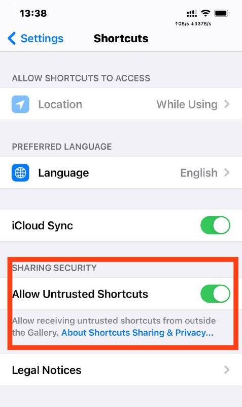 shreateh allow untrusted shortcuts