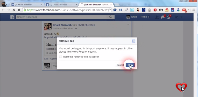 أثناء اختباري لميزة وضع العلامات في فيسبوك، لاحظت وجود خلل في نظام إدارة العلامات.